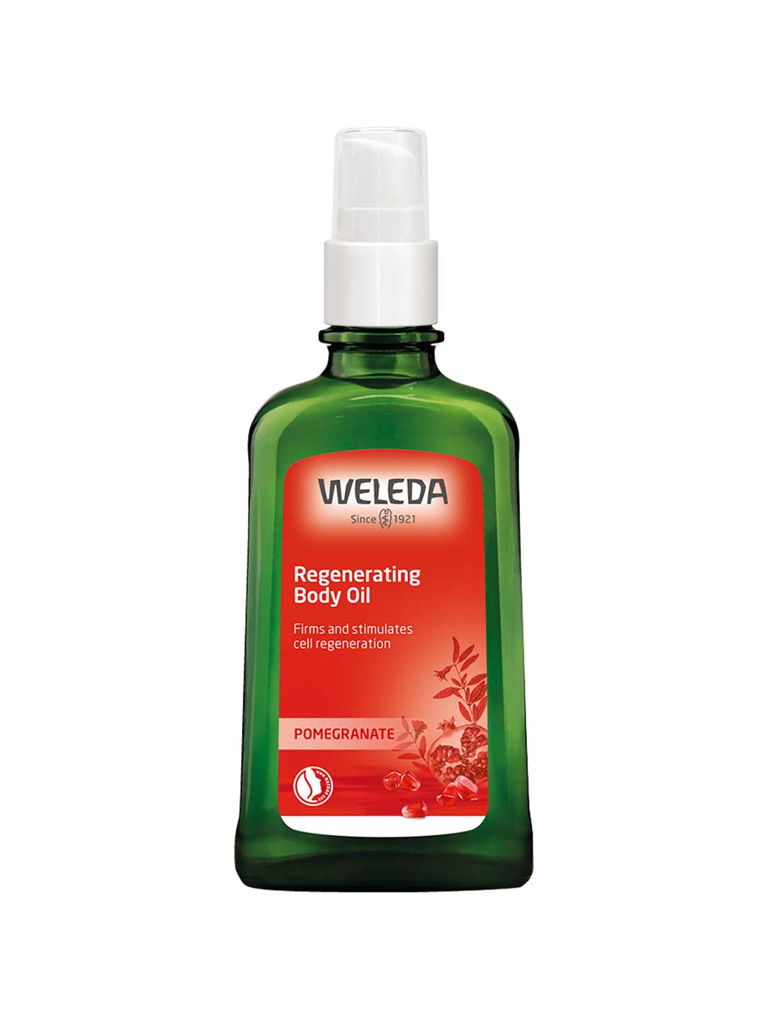 A green glass bottle of Weleda Regenerating Body Oil Pomegranate 100ml features a white pump top and red label with pomegranate imagery, offering product details for enhanced skin firmness.