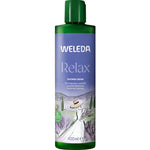A 400ml bottle of Weleda Relax Lavender Shower Cream features soothing natural fragrance, purple packaging, a green cap, and an illustration of a woman in a hat in a lavender field.