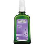 A green bottle of Weleda Relaxing Lavender Body Oil 100ml with a white pump and purple label featuring lavender flowers, emphasizing its natural aromatherapy formula that calms and nourishes the skin.