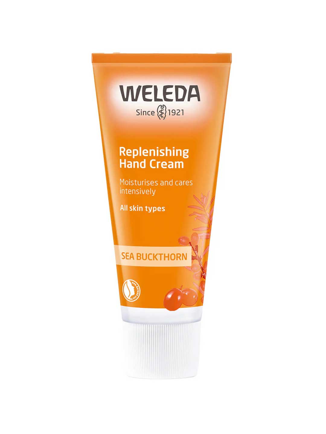 A 50ml orange tube of Weleda Replenishing Hand Cream Sea Buckthorn for all skin types, with a white cap; this natural cream moisturizes and cares for your hands.