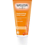 A 50ml orange tube of Weleda Replenishing Hand Cream Sea Buckthorn for all skin types, with a white cap; this natural cream moisturizes and cares for your hands.