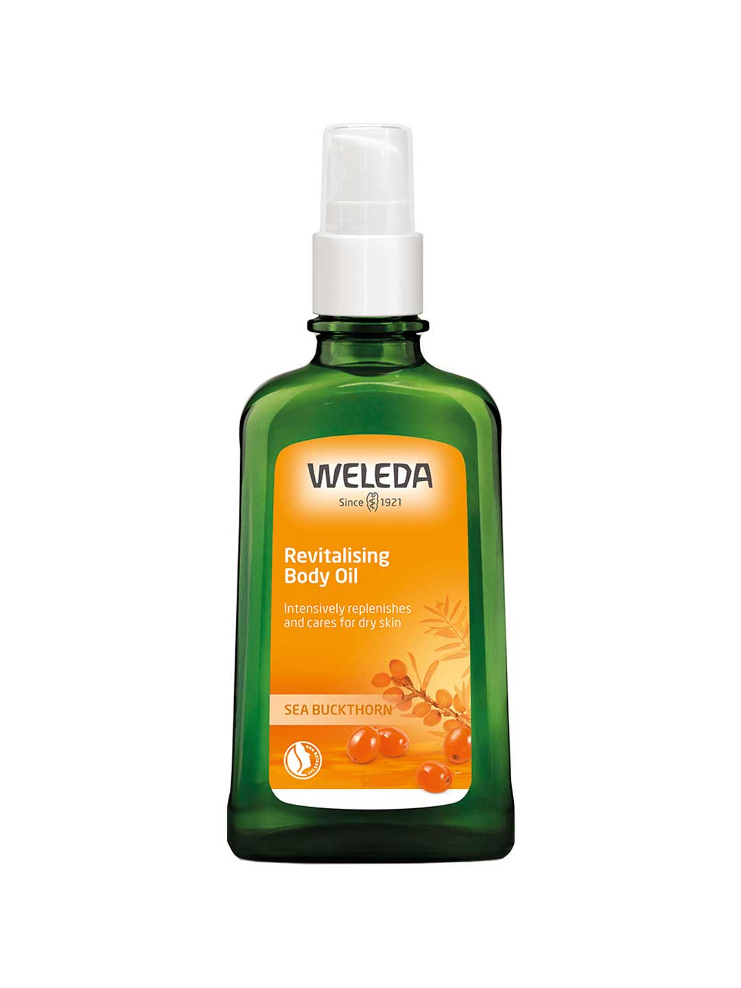 A green 100ml bottle of Weleda Revitalising Body Oil Sea Buckthorn with a white pump and orange label featuring sea buckthorn berries. The label highlights its ability to intensively replenish and care for dry skin, promoting enhanced skin moisture.