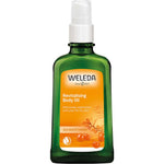 A green 100ml bottle of Weleda Revitalising Body Oil Sea Buckthorn with a white pump and orange label featuring sea buckthorn berries. The label highlights its ability to intensively replenish and care for dry skin, promoting enhanced skin moisture.