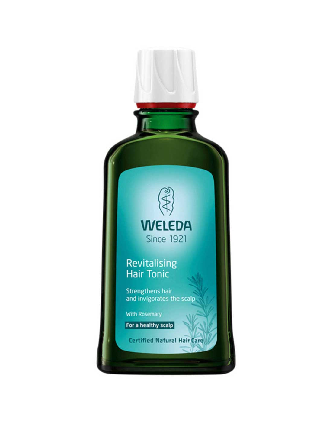 Weleda revitalizing hair tonic bottle on a white background