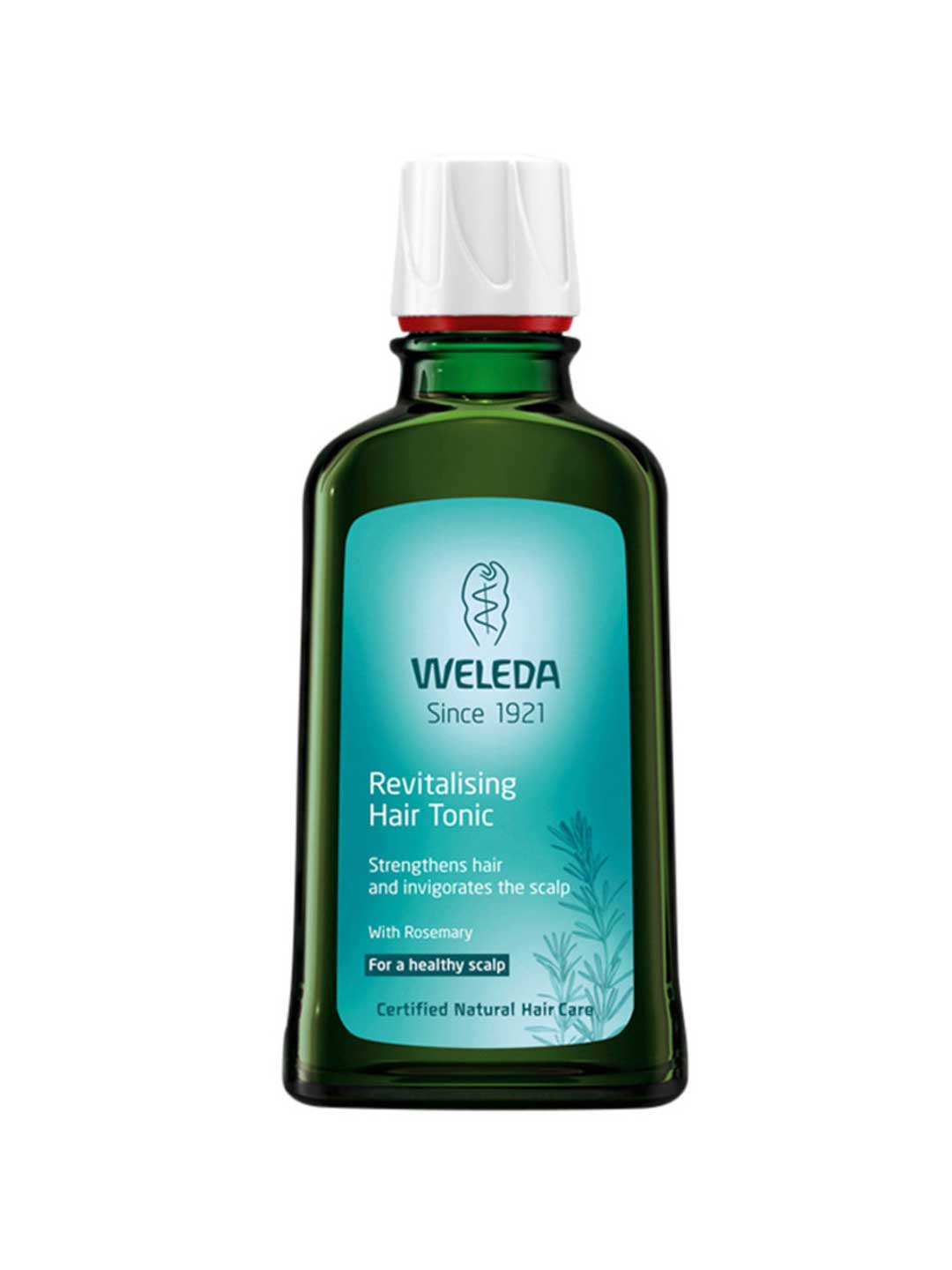 Weleda revitalizing hair tonic bottle on a white background