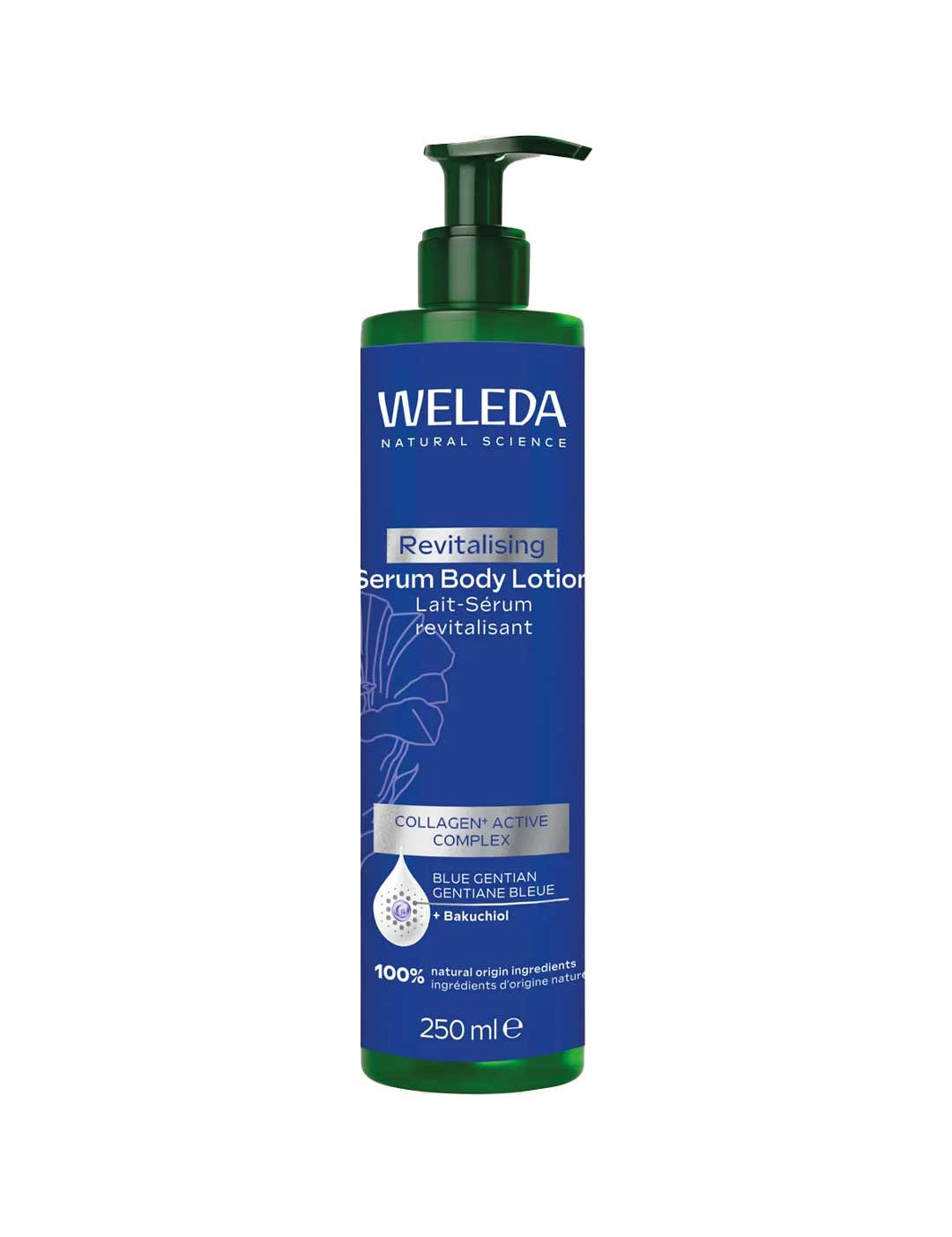 Weleda revitalising serum body lotion bottle on a white background