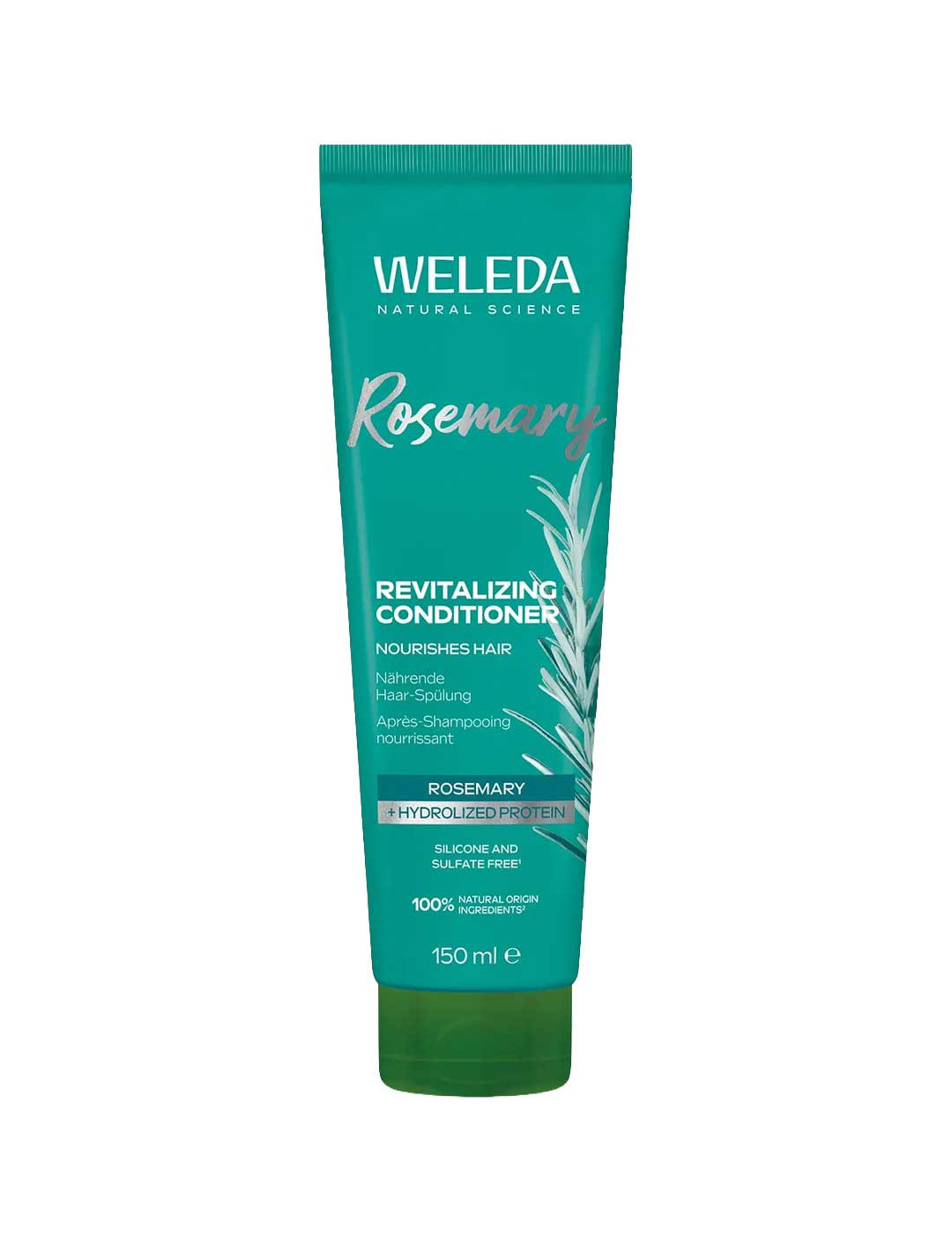 A green tube of Weleda Rosemary Revitalizing Conditioner 150ml with white and silver text. This natural, silicone- and sulfate-free conditioner nourishes thin hair.