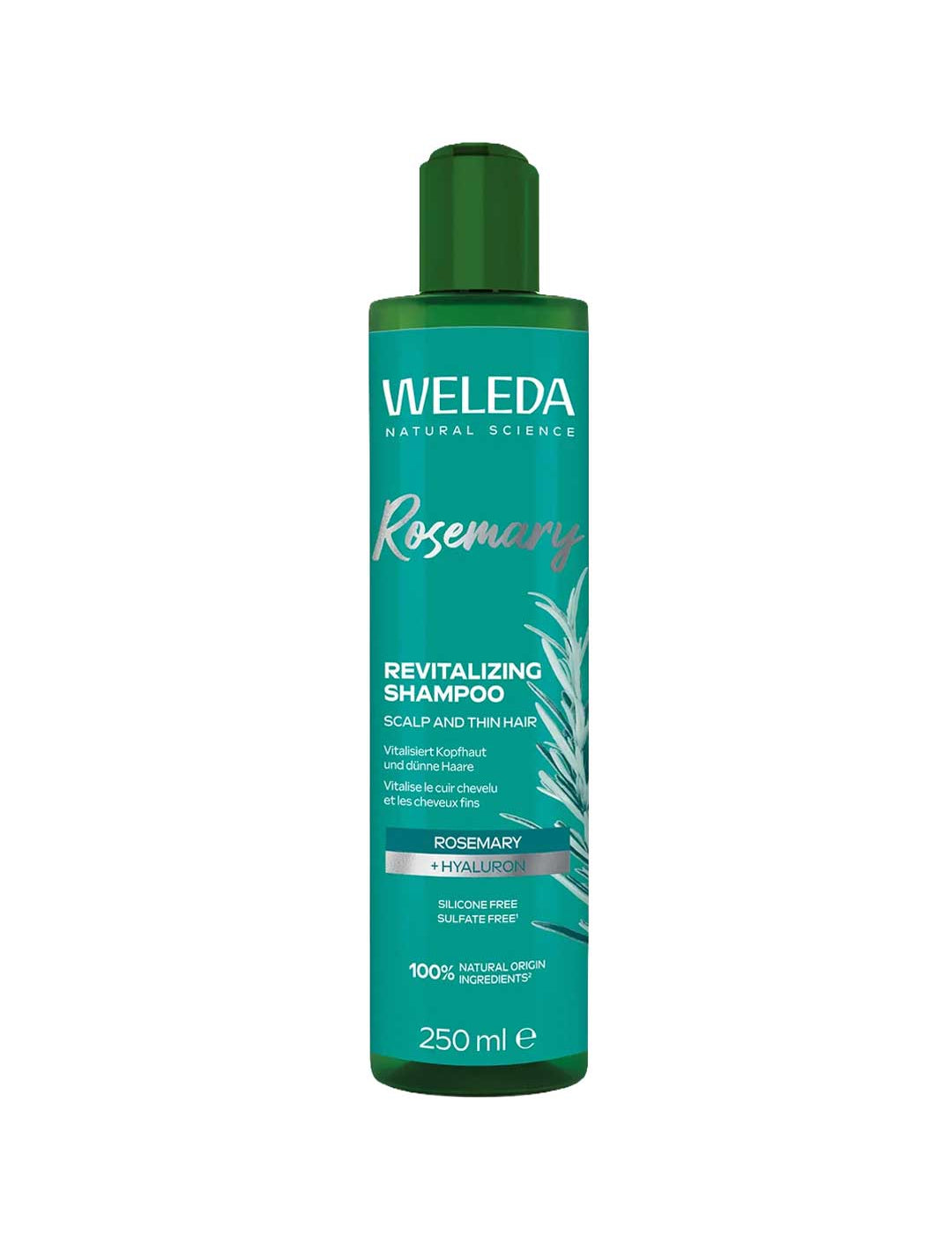 Weleda Rosemary Revitalizing Shampoo 250ml comes in a green bottle with white and light green text and rosemary graphics. This natural shampoo, ideal for thin hair, contains hyaluronic acid to help revitalize your scalp.