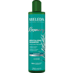 Weleda Rosemary Revitalizing Shampoo 250ml comes in a green bottle with white and light green text and rosemary graphics. This natural shampoo, ideal for thin hair, contains hyaluronic acid to help revitalize your scalp.
