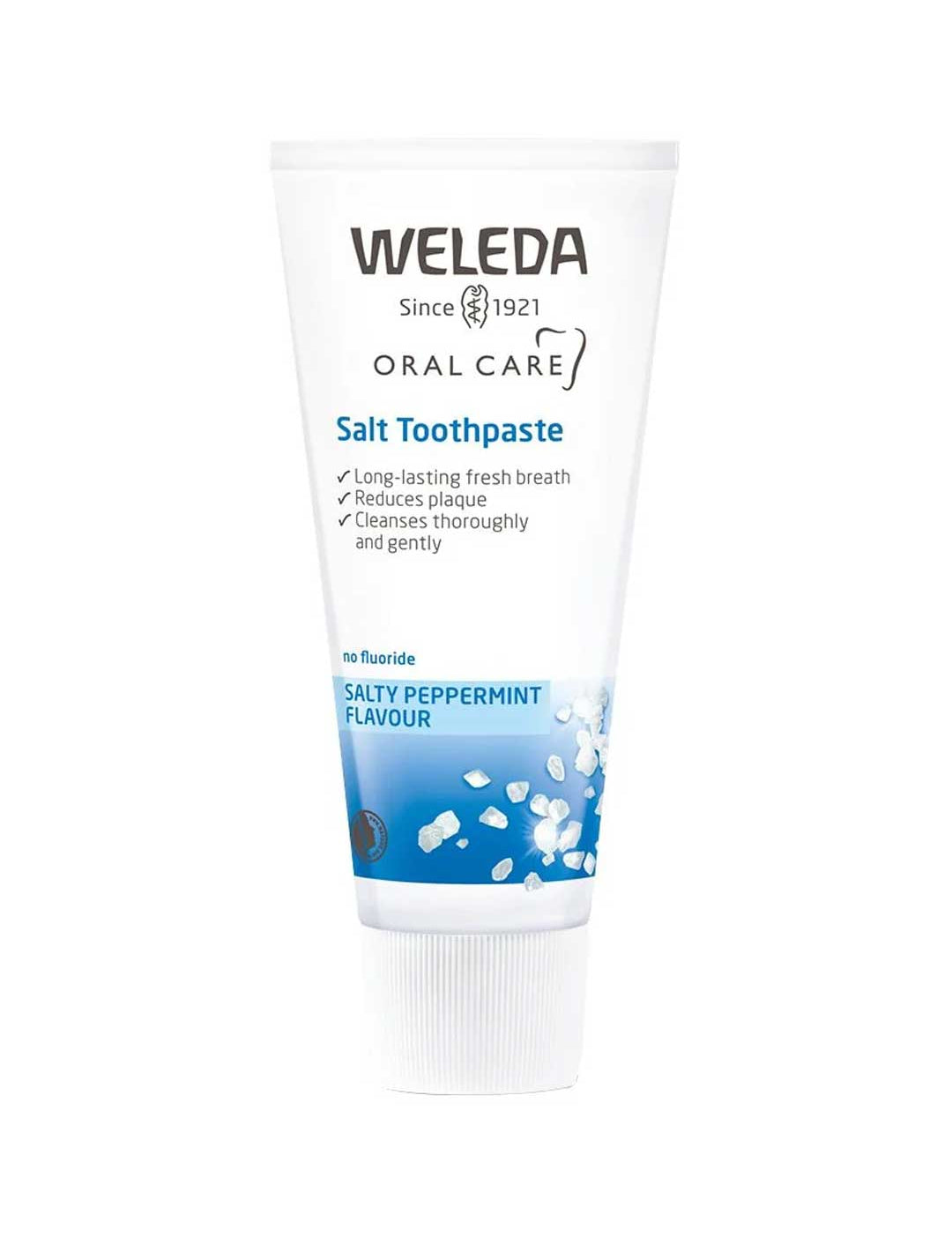 Weleda Salt Toothpaste fluoride-free natural toothpaste tube with sea salt and peppermint on a white background