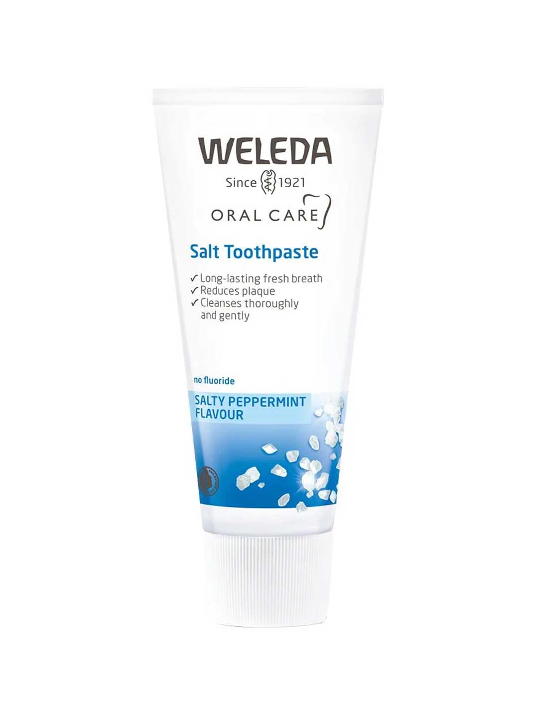 Weleda Salt Toothpaste fluoride-free natural toothpaste tube with sea salt and peppermint on a white background