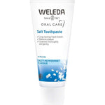 Weleda Salt Toothpaste fluoride-free natural toothpaste tube with sea salt and peppermint on a white background