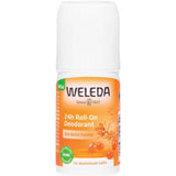 A white and orange 50ml bottle of Weleda Sea Buckthorn 24h Roll-On Deodorant. This organic, natural deodorant is aluminum salt-free and provides effective protection for 24 hours.
