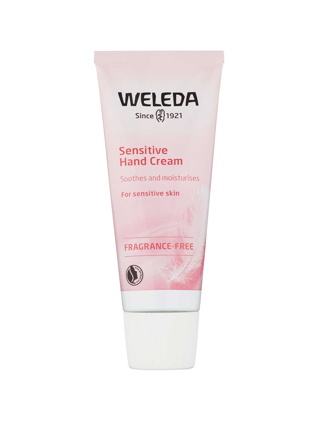 A pink and white 50ml tube of Weleda Sensitive Hand Cream Fragrance Free for sensitive skin, featuring the Weleda logo, a feather graphic, and text highlighting soothing and moisturizing benefits.