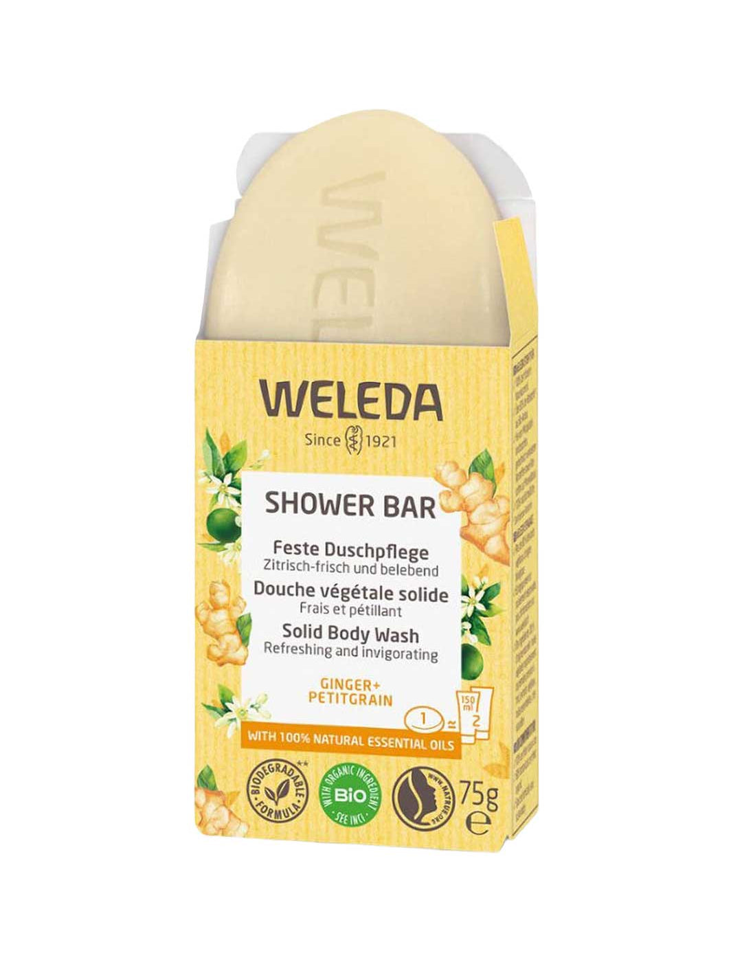 The Weleda Shower Bar Ginger & Petitgrain 75g is crafted with natural ingredients and designed to be biodegradable, offering an eco-friendly cleanse in a convenient bar.