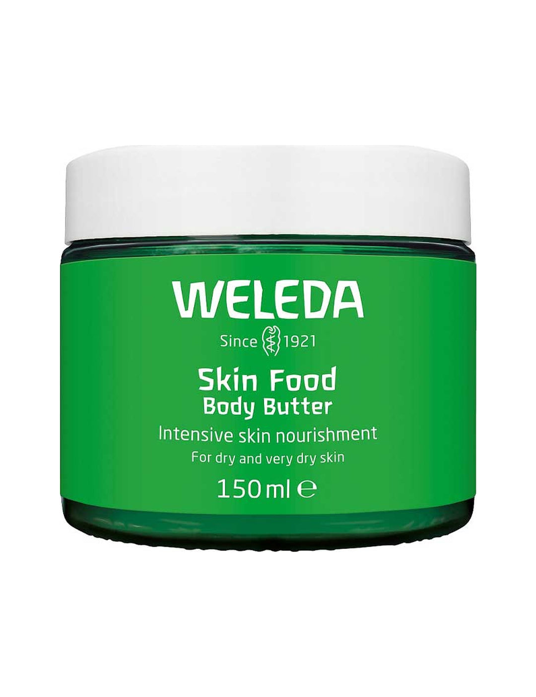 Weleda Skin Food Body Butter 150g closed green jar on a white background