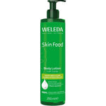 Weleda Skin Food Body Lotion 250ml comes in a green bottle with pump, offering moisture and glow. The packaging emphasizes natural ingredients and long-lasting hydration, making it ideal for dry skin.