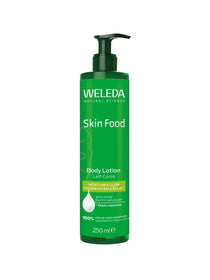 Weleda Skin Food Body Lotion 250ml comes in a green bottle with pump, offering moisture and glow. The packaging emphasizes natural ingredients and long-lasting hydration, making it ideal for dry skin.