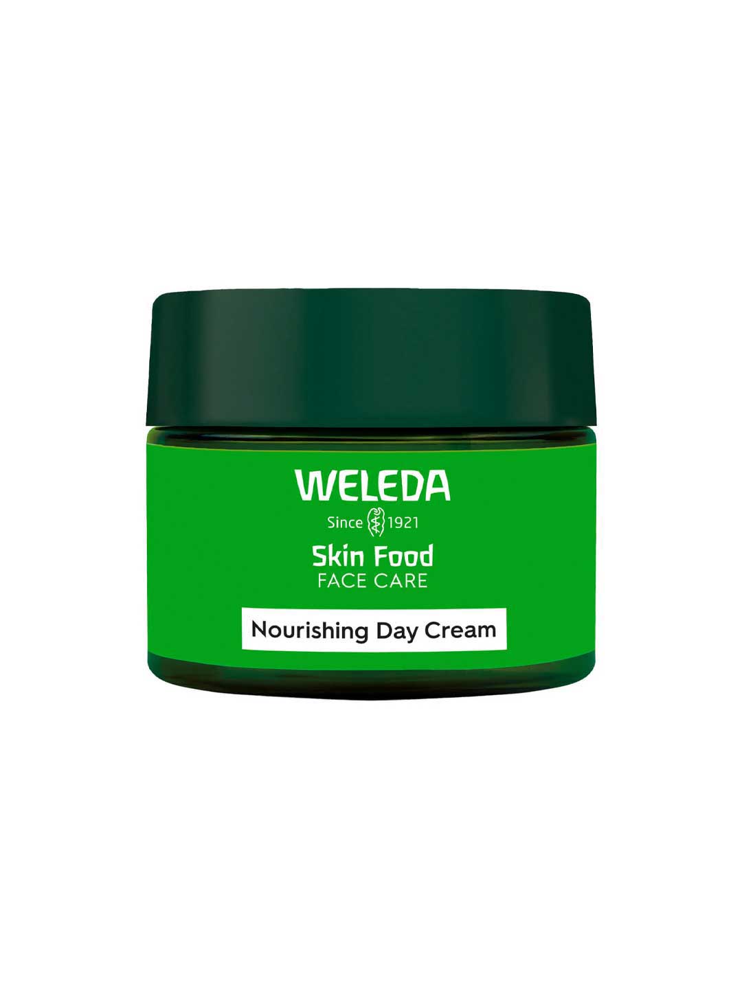 A green jar labeled Weleda Skin Food Face Care Nourishing Day Cream 40ml with a dark green lid is displayed against a white background, highlighting this hydrating face moisturizer.