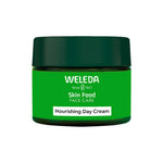 A green jar labeled Weleda Skin Food Face Care Nourishing Day Cream 40ml with a dark green lid is displayed against a white background, highlighting this hydrating face moisturizer.