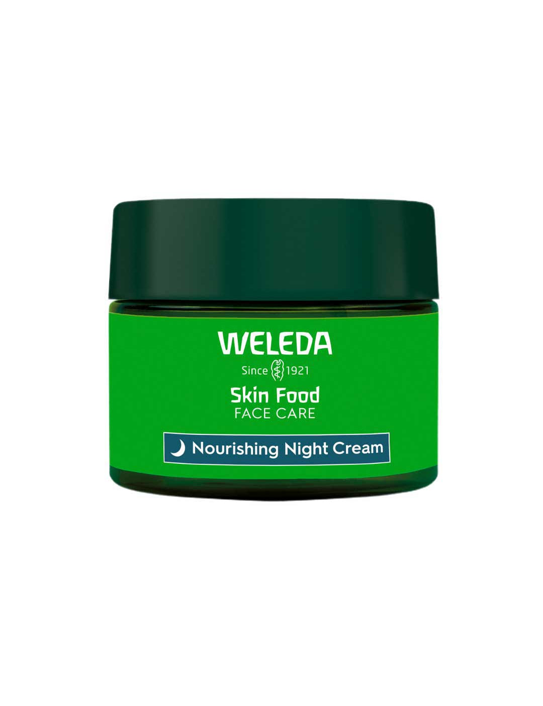 A green jar labeled Weleda Skin Food Face Care Nourishing Night Cream 40ml with a dark green lid, designed for nighttime skincare that nourishes and hydrates dry skin.