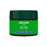 A green jar labeled Weleda Skin Food Face Care Nourishing Night Cream 40ml with a dark green lid, designed for nighttime skincare that nourishes and hydrates dry skin.