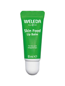 Weleda Skin Food Lip Balm 8ml is a green tube with a white cap, labeled “For dry and chapped lips.” This natural balm offers intensive lip care in a handy size, featuring white branding.