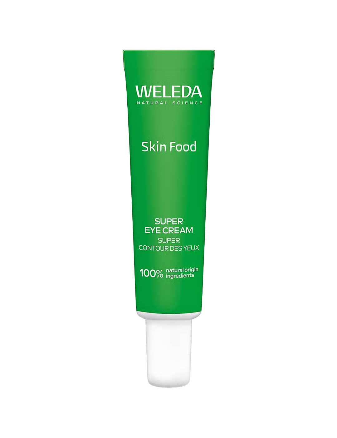 A green squeeze tube of Weleda Skin Food Super Eye Cream with a white cap, centered on a plain white background.