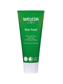 A green tube of Weleda Skin Food, a natural, multi-purpose cream for rich face or body care. Ideal for very dry skin, its packaging emphasizes certified natural skin care and organic ingredients.