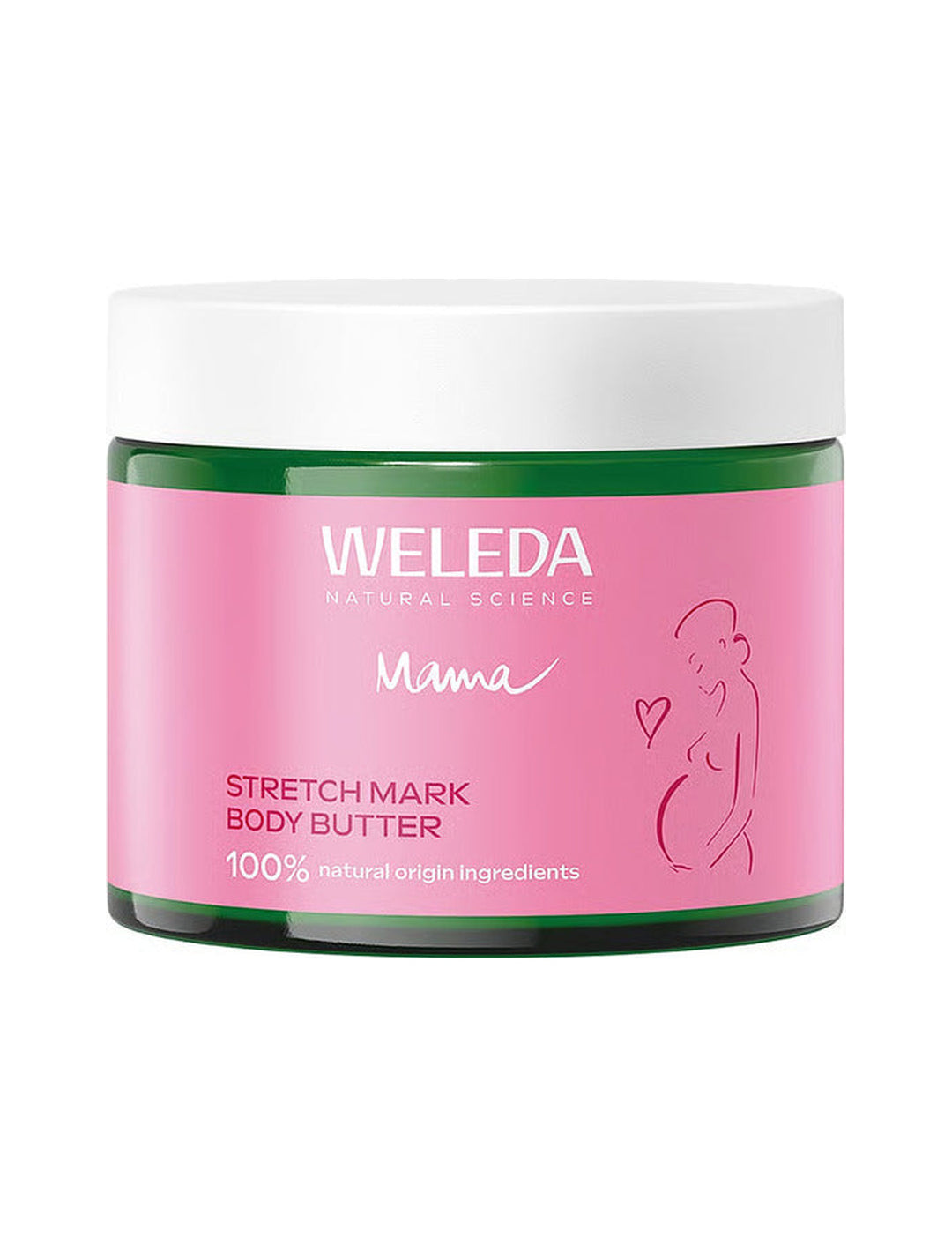 Weleda Stretch Mark Body Butter 150ml closed pink jar on a white background