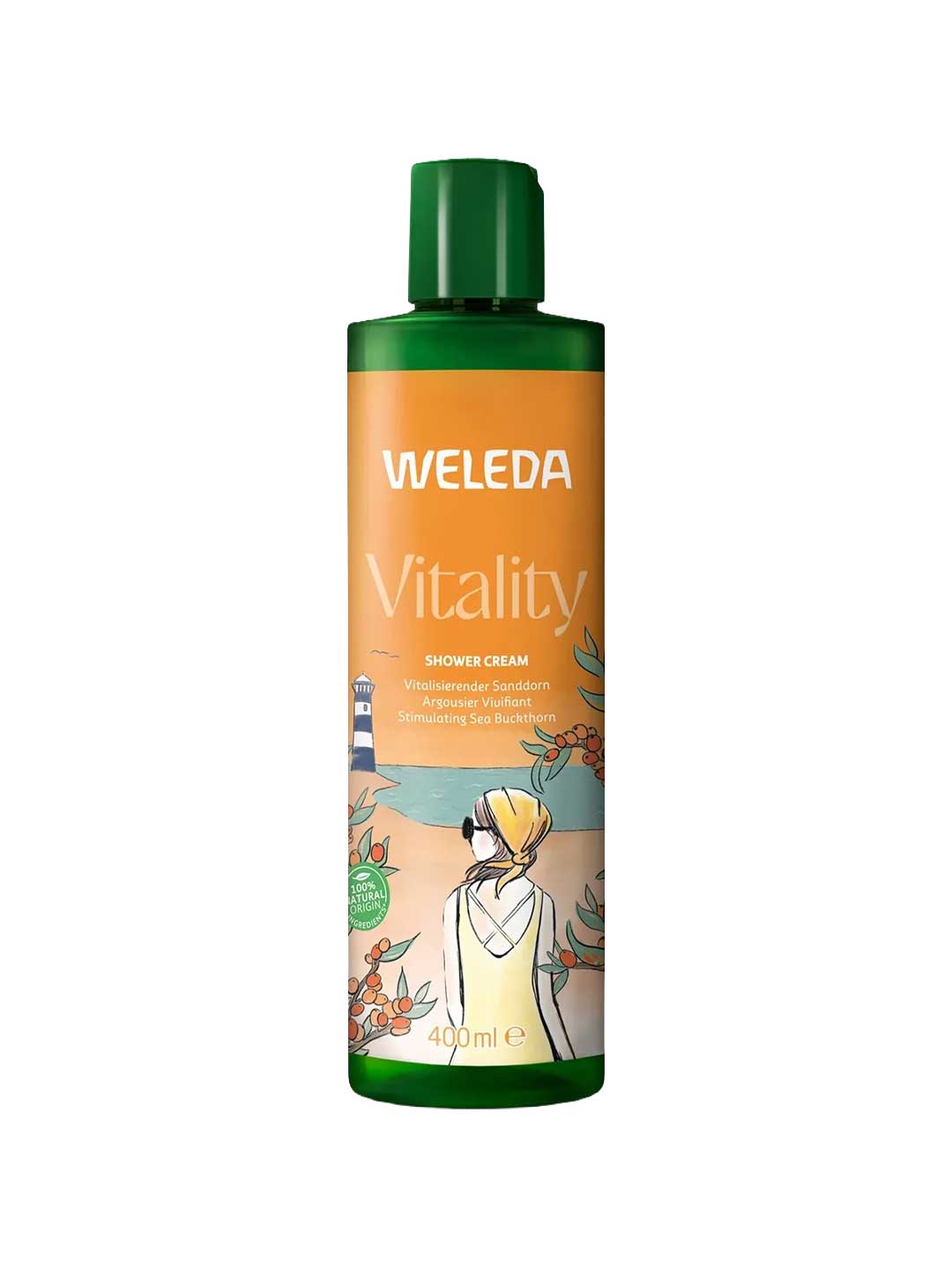 A 400ml bottle of Weleda Vitality Sea Buckthorn Shower Cream, a natural vegan body wash with a green cap and orange label, features sea buckthorn berries, a woman in a yellow scarf, lighthouse, and certification logos.