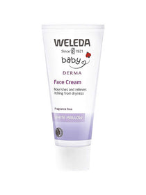 A 50g tube of Weleda White Mallow Face Cream in white and purple packaging, fragrance-free and formulated for sensitive skin, nourishes and relieves dryness and itchiness.