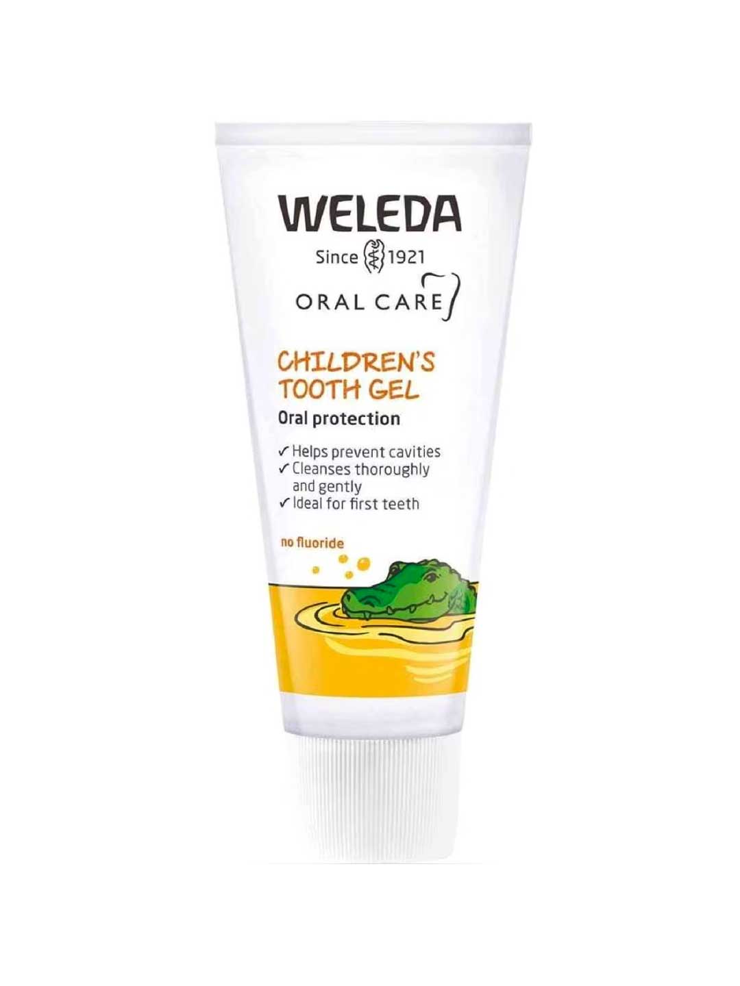 Weleda children's tooth gel tube on a white background