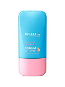 Weleda Hyaluronic Moisture Serum Drops in a flat turquoise-blue bottle with rounded corners, a pink base cap and a small peach-coloured droplet symbol.
