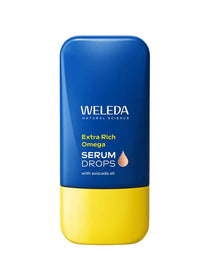 Weleda Extra Rich Omega Serum Drops in a flat blue bottle with rounded corners, a bright yellow base cap and a small peach-coloured droplet symbol.