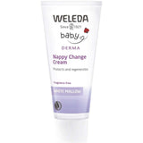 A white tube of Weleda Nappy Change Cream White Mallow Fragrance Free protects and regenerates baby's skin, featuring purple accents and a flower design.