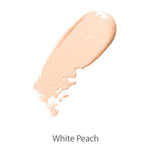 A swatch of creamy, light peach makeup labeled White Peach on white, highlighting the 100% Pure Cream Foundation 9g with a soft satin finish.