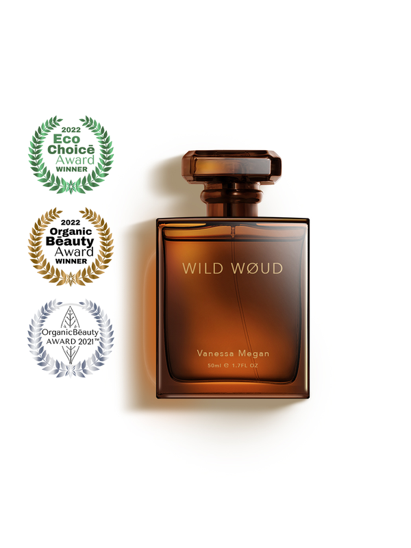 Vanessa Megan Wild Woud Natural Perfume with its award badges