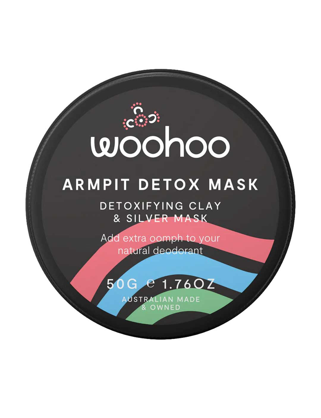 The WooHoo Armpit Detox Detoxifying Clay Silver Mask 50g is an Australian-made black round container with green, red, and blue stripes—a clay and silver formula for underarm detox or switching to natural deodorant.