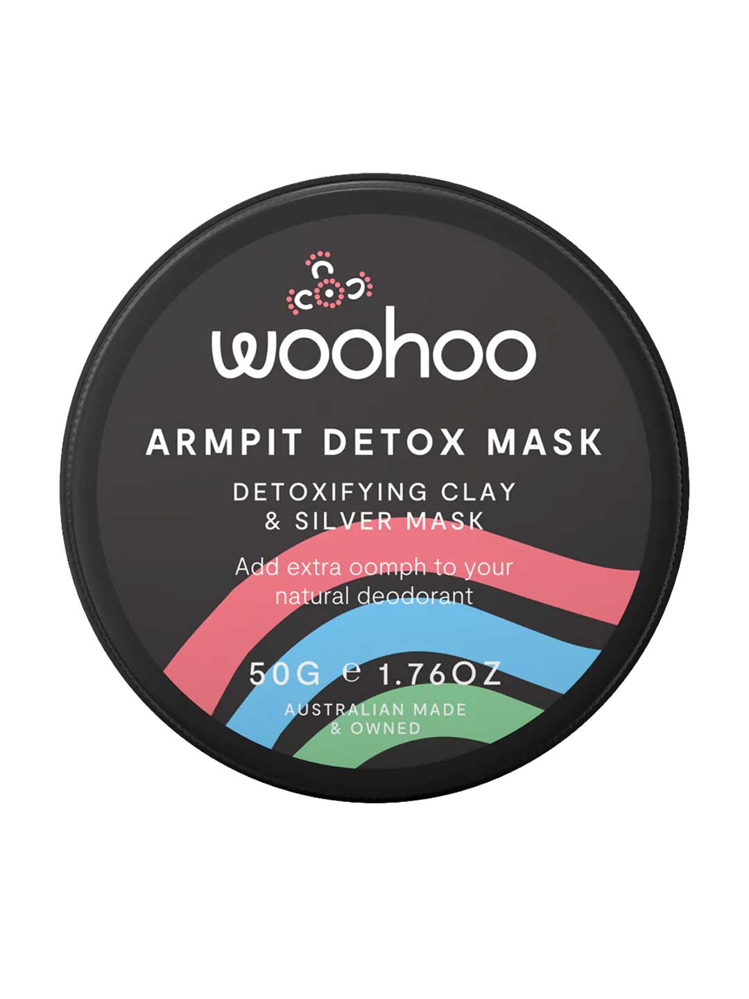 The WooHoo Armpit Detox Detoxifying Clay Silver Mask 50g is an Australian-made black round container with green, red, and blue stripes—a clay and silver formula for underarm detox or switching to natural deodorant.