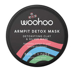 The WooHoo Armpit Detox Detoxifying Clay Silver Mask 50g is an Australian-made black round container with green, red, and blue stripes—a clay and silver formula for underarm detox or switching to natural deodorant.