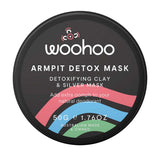 The WooHoo Armpit Detox Detoxifying Clay Silver Mask 50g is an Australian-made black round container with green, red, and blue stripes—a clay and silver formula for underarm detox or switching to natural deodorant.