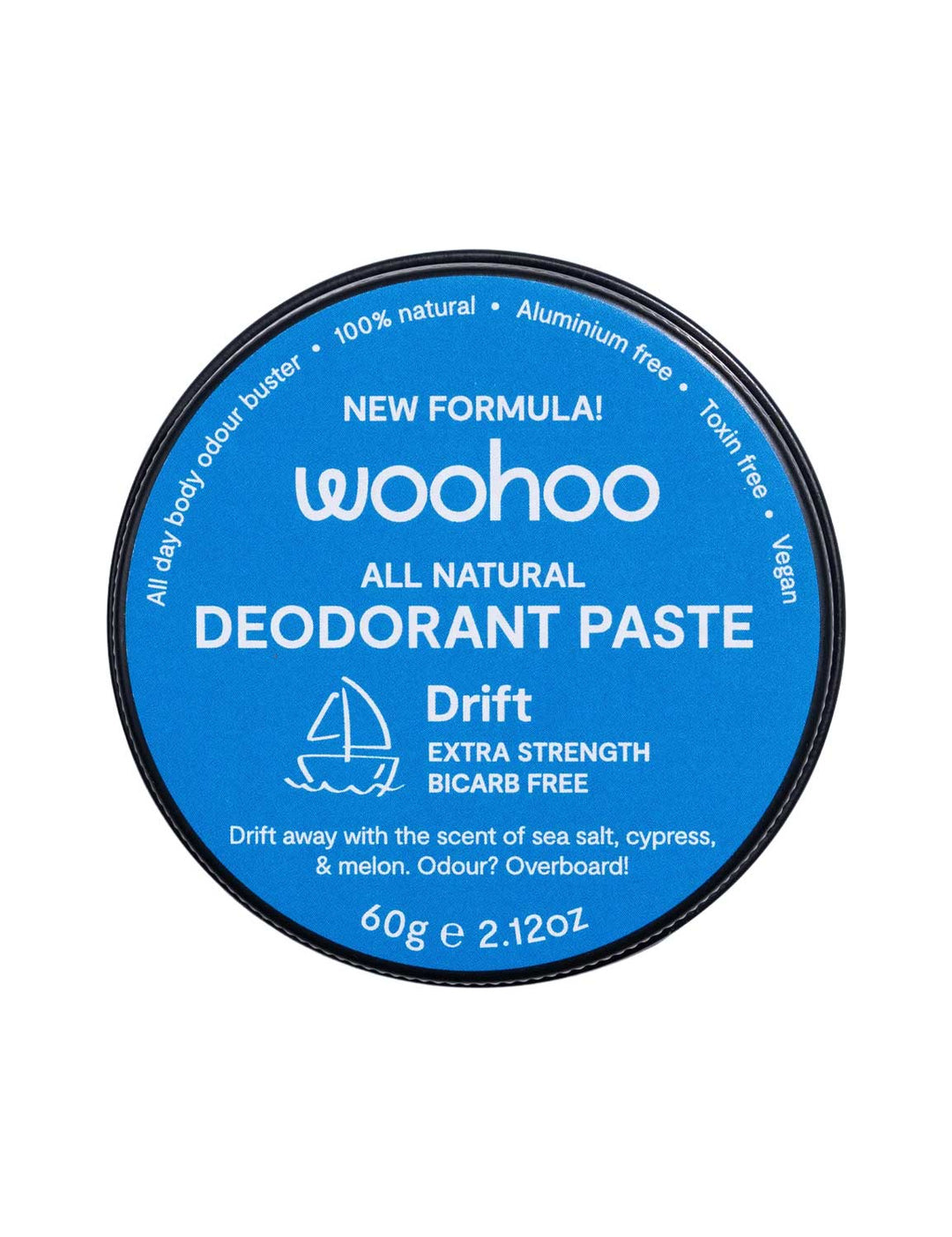 WooHoo Drift Extra Strength Deodorant Paste 60g closed blue tin on a white background