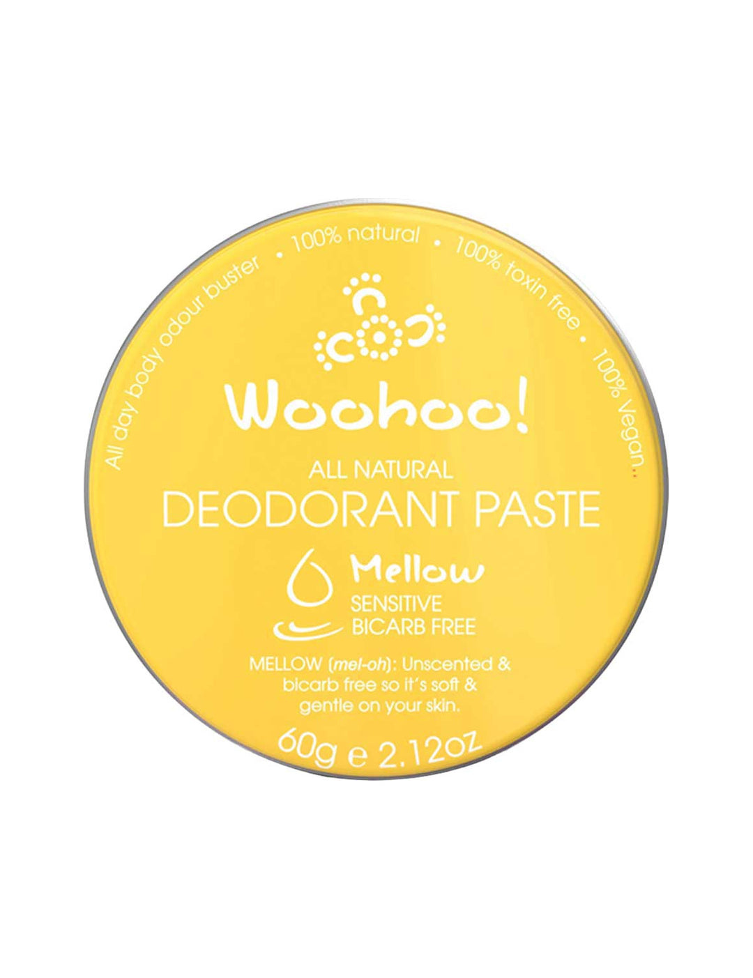 WooHoo Mellow Sensitive Deodorant Paste 60g closed yellow tin on a white background
