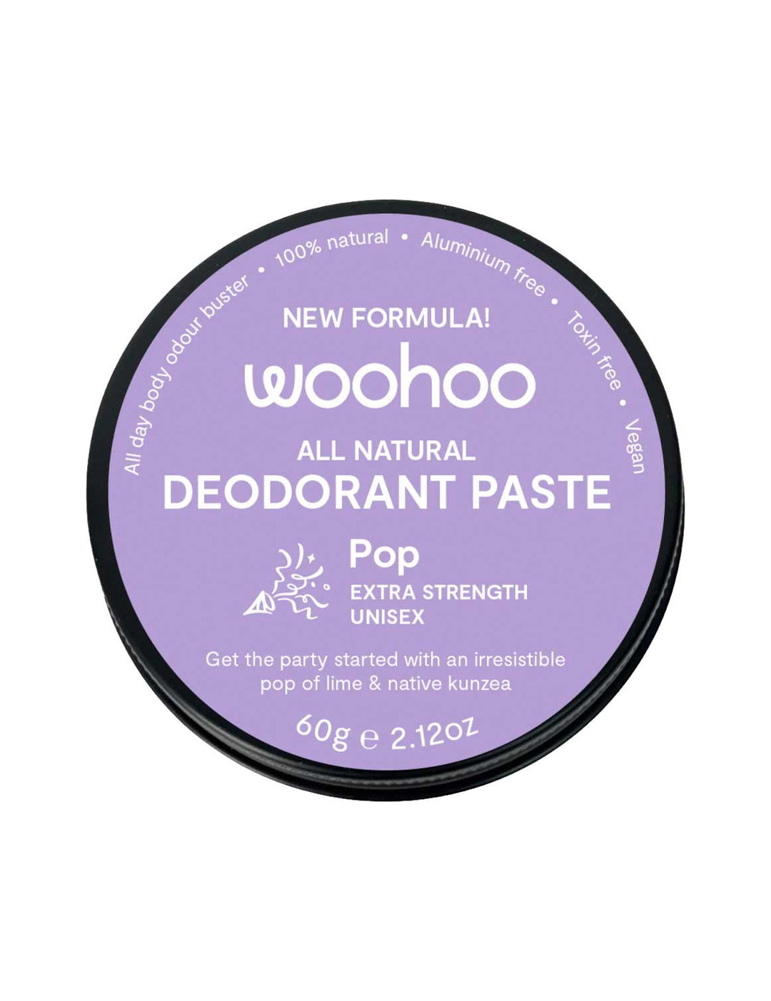 WooHoo Pop Extra Strength Deodorant Paste 60g closed purple tin on a white background