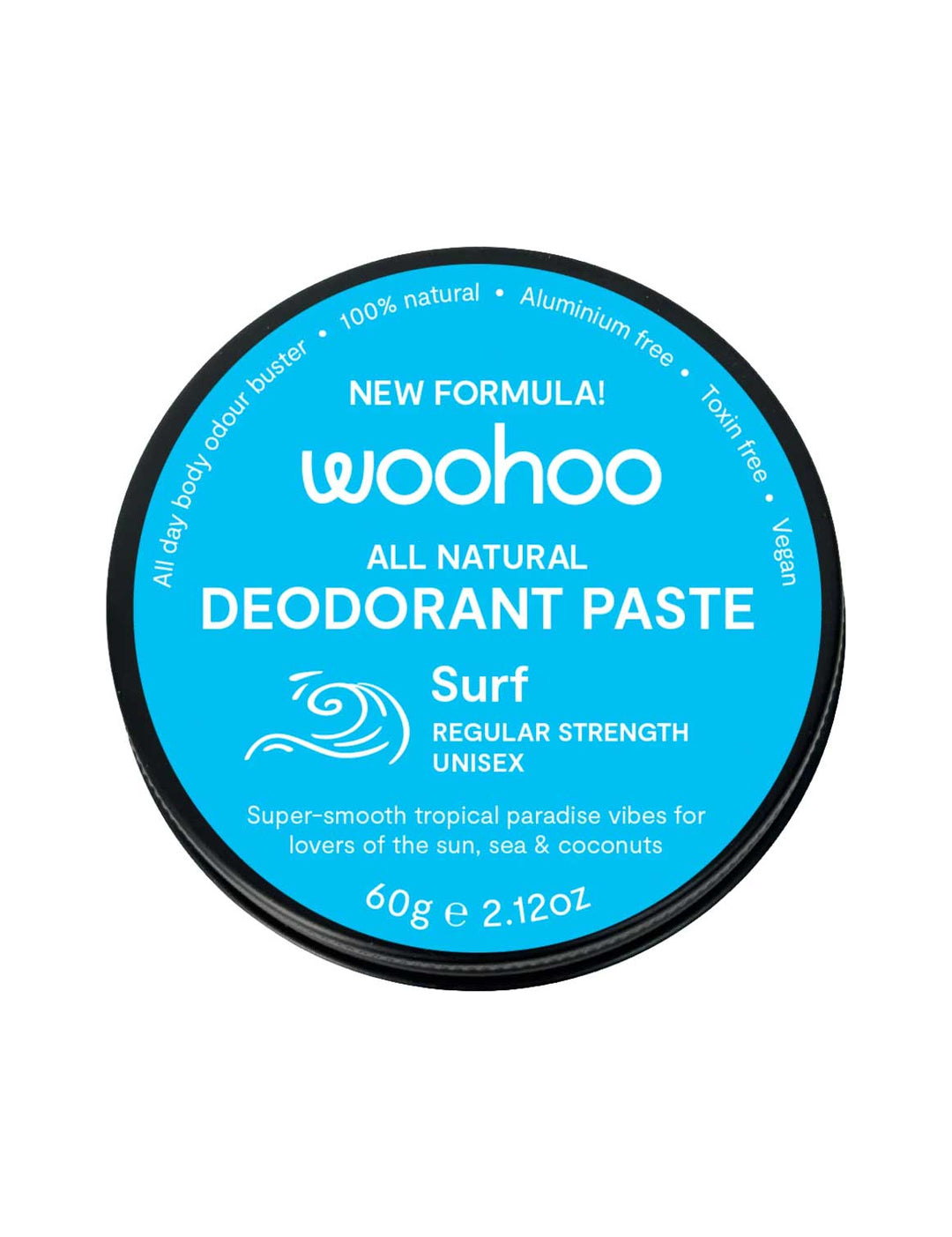 WooHoo Surf Regular Strength Deodorant Paste 60g closed blue tin on a white background