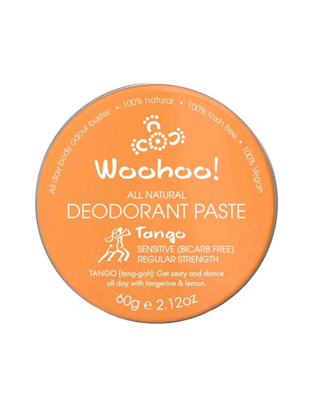 WooHoo Tango Sensitive Deodorant Paste 60g closed orange tin on a white background