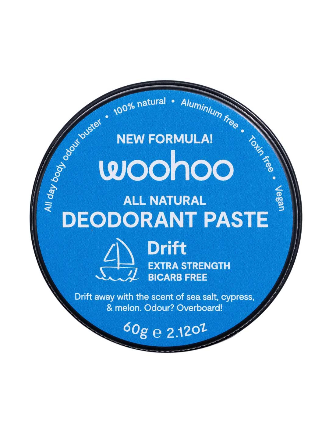 Blue container of woohoo all natural deodorant paste with Drift branding on a white background