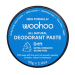 Blue container of woohoo all natural deodorant paste with Drift branding on a white background