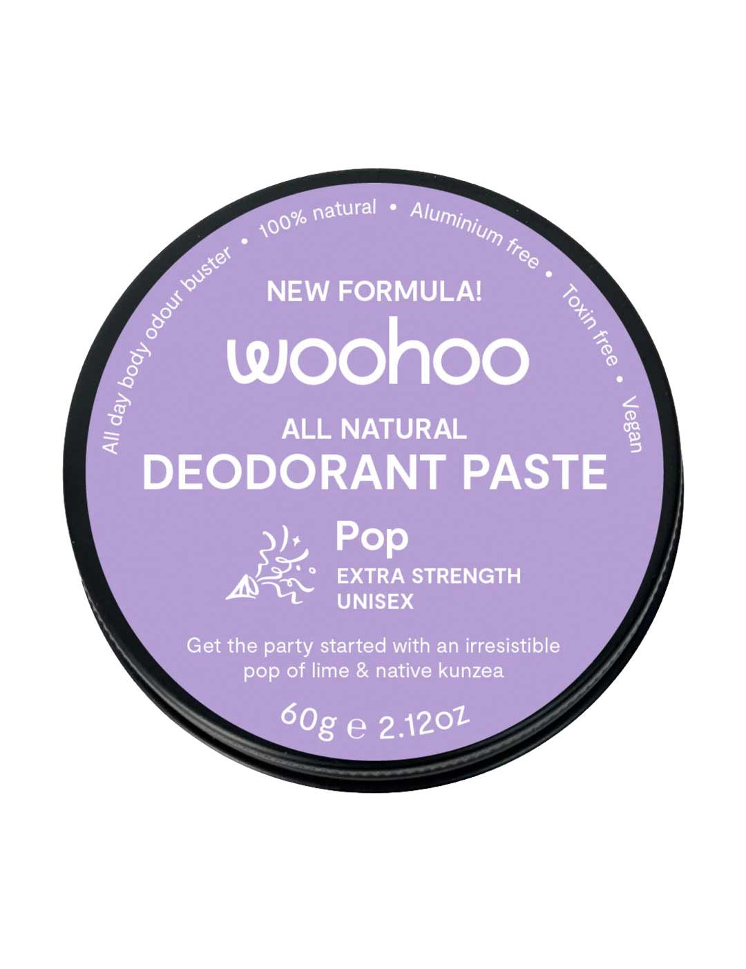 Container of woohoo all natural deodorant paste with purple & white Pop Extra Strength branding on a white background